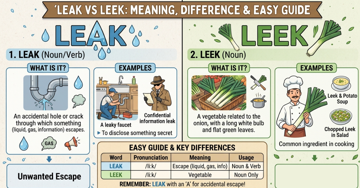 Leak vs Leek: Meaning, Difference & Easy Guide