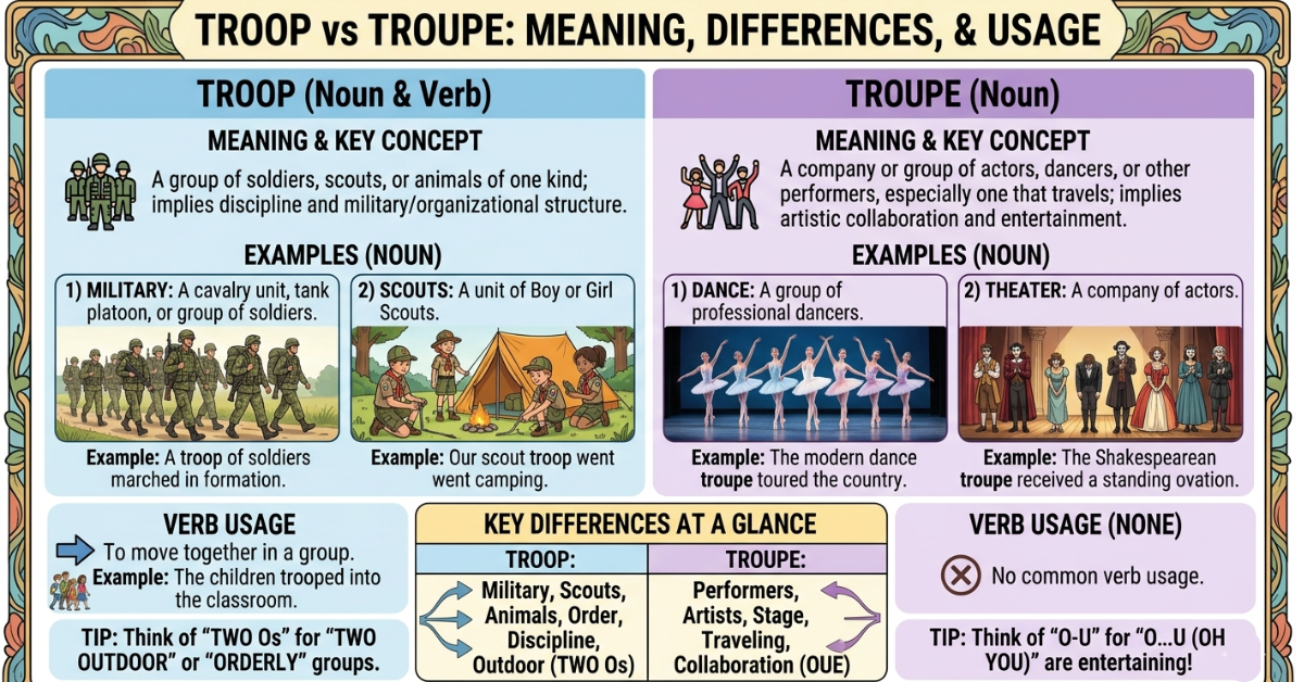 Troop vs Troupe: Meaning, Differences, and Usage
