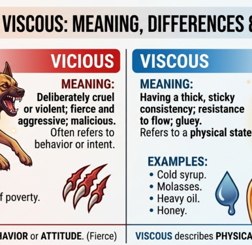 Learn the difference between vicious vs viscous with simple definitions, examples, pronunciation, and easy memory tricks to use each word correctly.