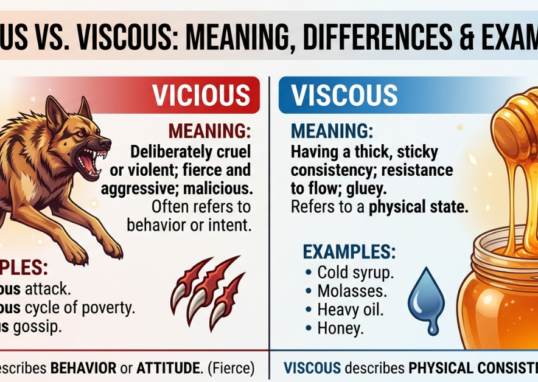 Learn the difference between vicious vs viscous with simple definitions, examples, pronunciation, and easy memory tricks to use each word correctly.