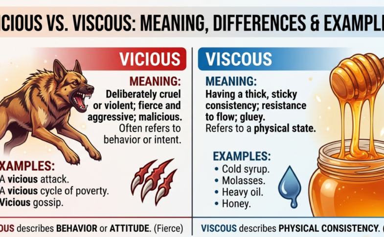 Learn the difference between vicious vs viscous with simple definitions, examples, pronunciation, and easy memory tricks to use each word correctly.