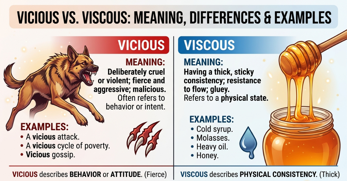 Learn the difference between vicious vs viscous with simple definitions, examples, pronunciation, and easy memory tricks to use each word correctly.