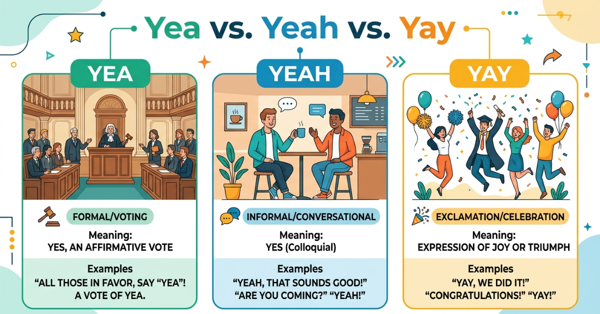 Yea vs Yeah vs Yay: Meaning, Usage, and Examples